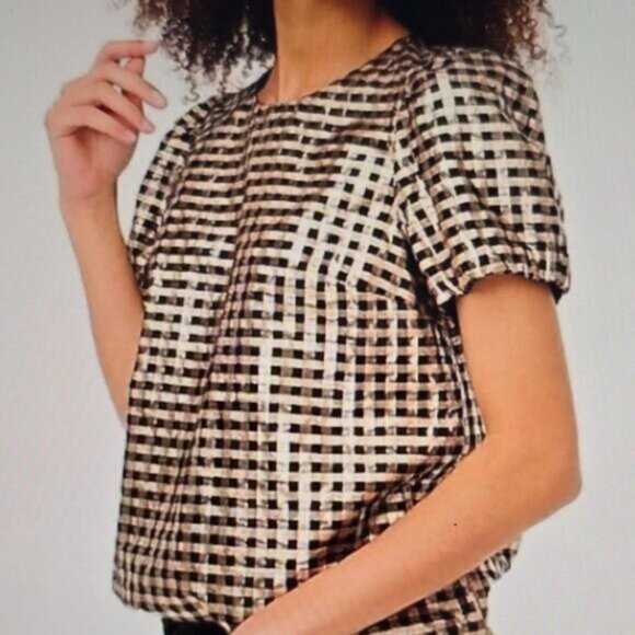 J Crew Factory Metallic Gingham Puff-Sleeve Top - Picture 2 of 3